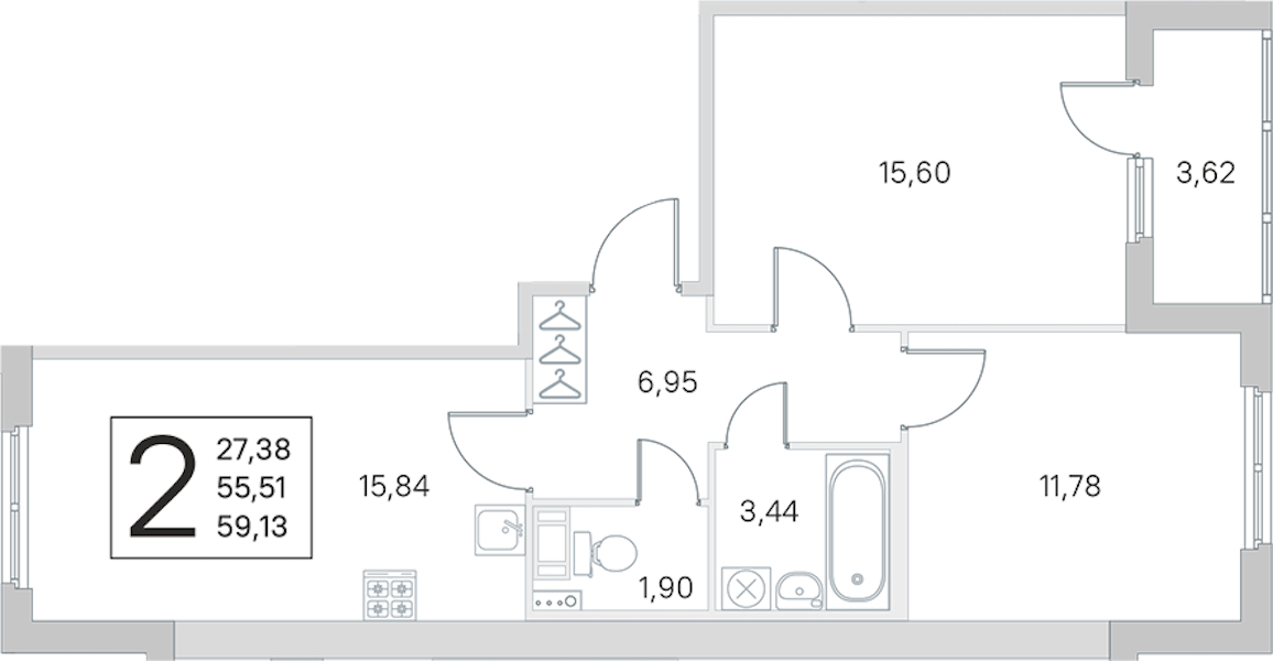 2-комнатная квартира 55.51 м², 2/4 эт., ЖК «Любоград в Стрельне»